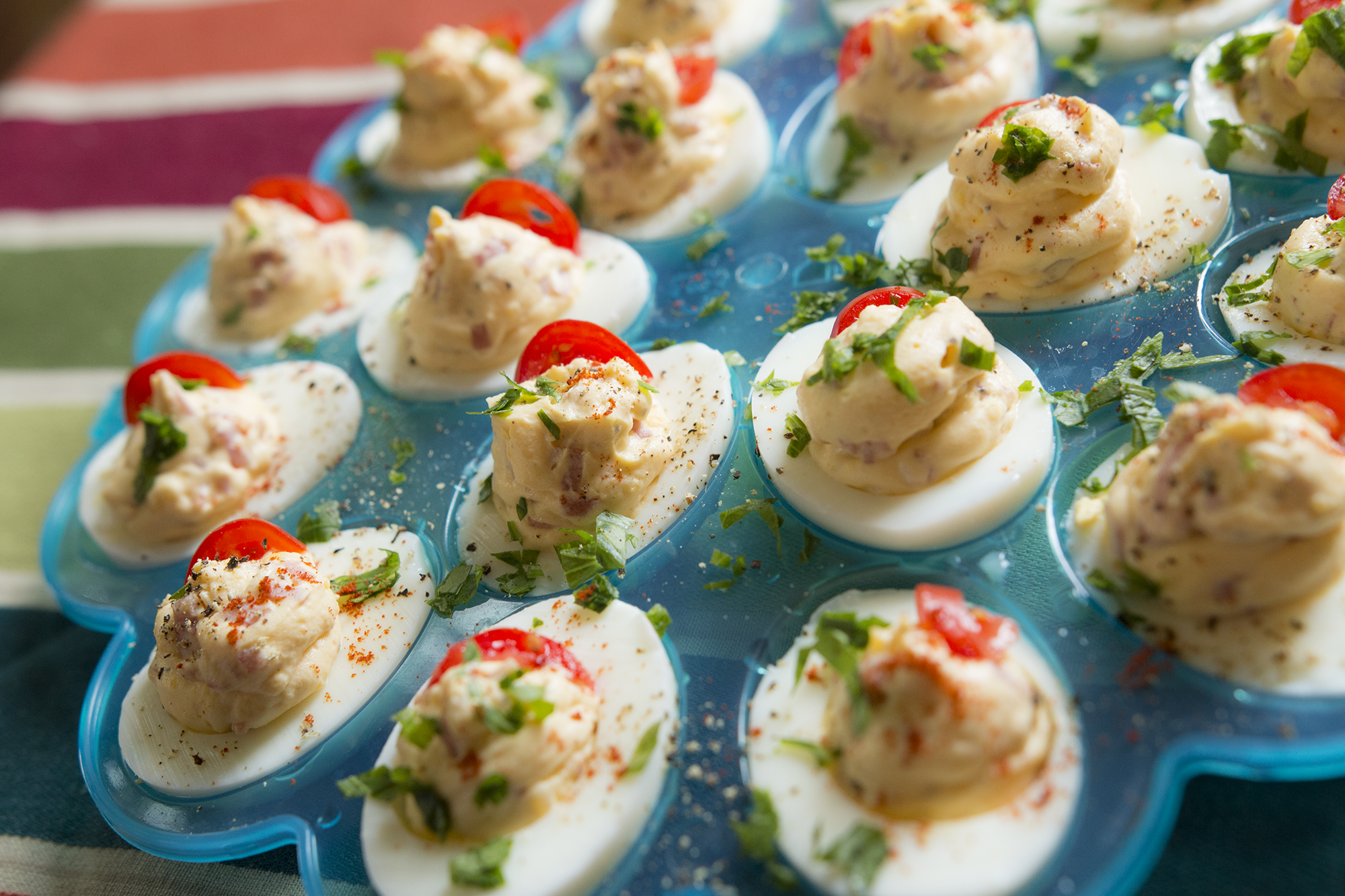 Low Calorie Deviled Eggs with Turkey Bacon and Sour Cream