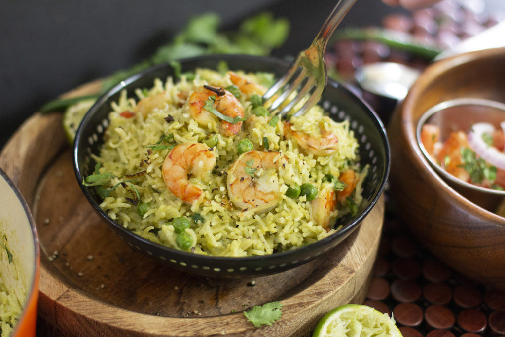 Green Masala Prawn Pulao - Kravings Food Adventures